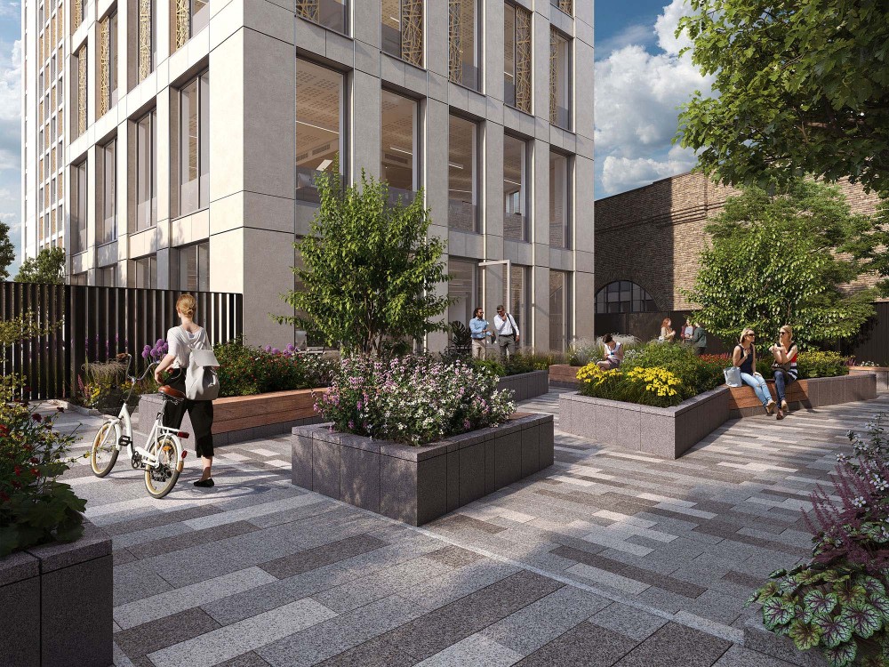 architectural exterior marketing CGI of miles yard garden in vauxhall