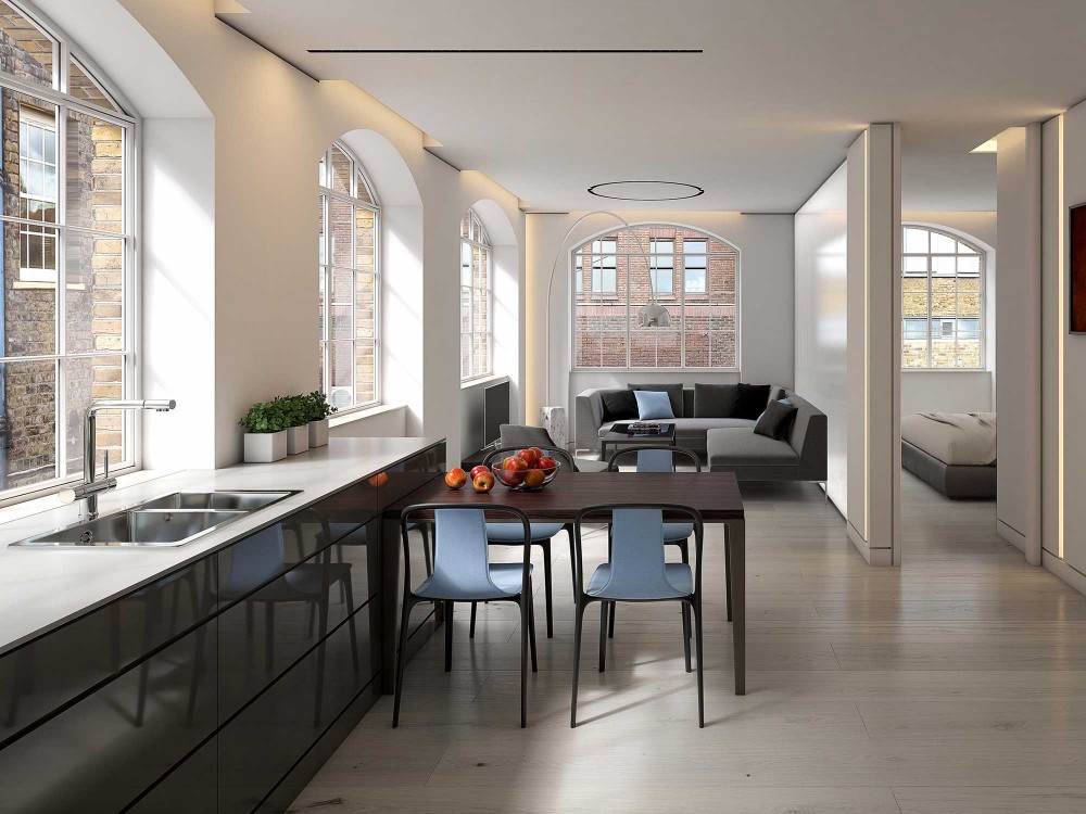 interior residential kitchen living room rendering bayham place camden