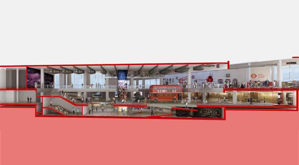 conceptual cross section architectural rendering london transport museum potters field